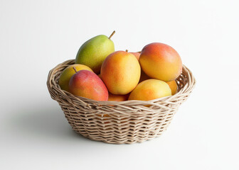 Fresh mangoes in woven basket create vibrant and colorful display, perfect for adding tropical touch to any setting