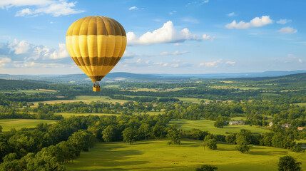 Obraz premium Vibrant hot air balloon floats gracefully over lush green landscape, showcasing rolling hills and clear blue sky. scene evokes sense of adventure