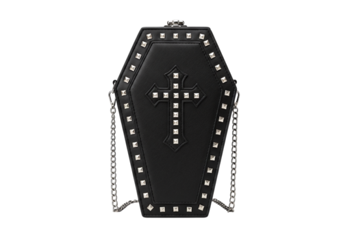 Black coffinshaped handbag with cross and studs isolated on transparent background