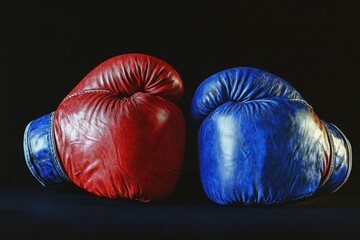 Worn boxing gloves, red and blue