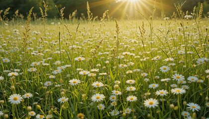 Daisies in a sunlit field with warm amber tones, 4K and HD image