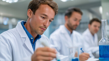 Fototapeta premium An advanced glass composition laboratory shows scientists developing new formulations for specialized applications. They are mixing different raw materials and analyzing the result