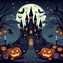 Fototapeta premium Cartoon Halloween landscape with castle and tall towers on background of full moon. Illuminated pumpkins and candles create an eerie atmosphere, and bats circle over narrow stone path leading to door.