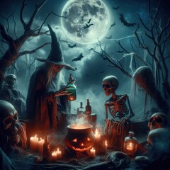 Naklejka premium wizard with white beard black hat is sitting against background of full moon, holding glowing pumpkin.lots of pumpkins, skulls candles against background of gloomy graves, bats. Halloween atmosphere