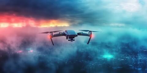 Fototapeta premium A sleek drone flies through a vibrant, cloud-filled sky, showcasing a stunning mix of colors during sunset or sunrise.