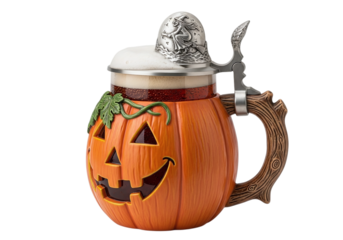 Halloween pumpkin beer stein with pewter lid isolated on transparent background