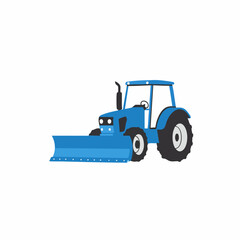 Fototapeta premium Blue Tractor with Snow Plow, Side View, Vector Illustration, Isolated.