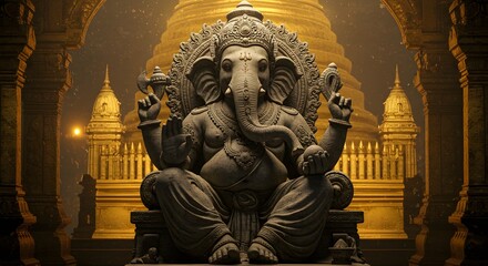 Majestic Lord Ganesha Stone Statue with Golden Temple Background