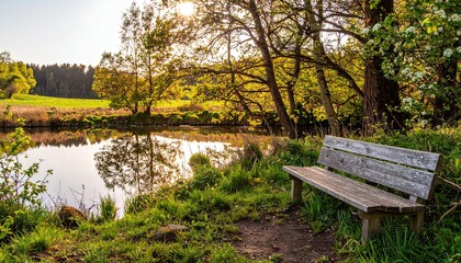 Obraz premium Wooden Bench by a Tranquil Pond at Sunset