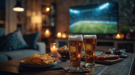 Two glasses of beer on a table with snacks. A television in the background displays a soccer match. The setting is cozy and inviting, perfect for a game night.