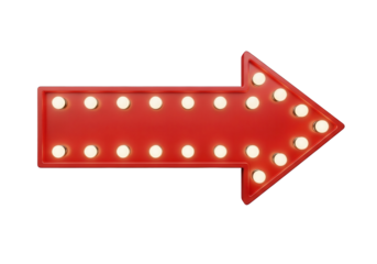 Brightly lit red arrow sign with light bulbs isolated PNG with Transparent Background