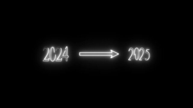 2024 to 2025 new year transfer animation on black background. Purple colo year change text concept. 4k video