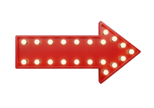 Brightly lit red arrow sign with light bulbs isolated PNG with Transparent Background