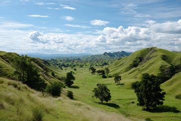Fototapeta premium experience breathtaking summer landscapes of new zealand featuring its lush green meadows rolling hills and