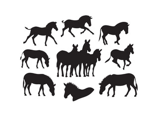 Obraz premium Collection of Zebra Silhouettes on White Background Horse Equine Wildlife Art Herd Design Element Animal Concept