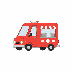 Cartoon-Style Red Food Truck with Awning and Service Windows Illustration