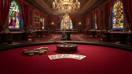 a casino hall with card tables and roulette, no people, a very expensive and luxurious interior with huge glass chandeliers