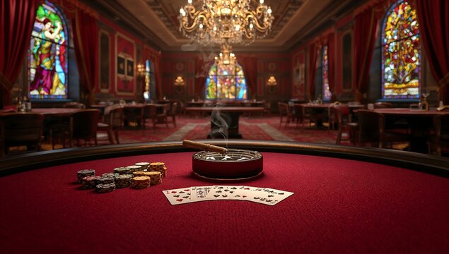 a casino hall with card tables and roulette, no people, a very expensive and luxurious interior with huge glass chandeliers