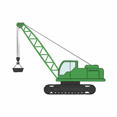 Green Cartoon Crane with Bucket and Triangular Boom Design Illustration