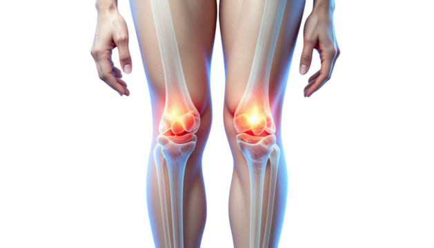 3d medical illustration of human body with highlighted knee joint pain and limited mobility isolated on white background