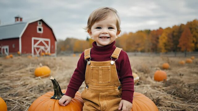 Smiling toddler sitting on pumpkin at autumn farm with red barn in background, child in corduroy overalls looking at camera with eye contact in pumpkin patch full of fall colors and harvest atmosphere
