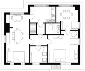 Detailed modern residential floor plan layout, showcasing interior design, room placement, kitchen, dining, living areas, and efficient space planning.