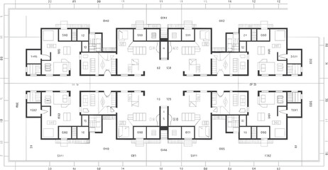 Detailed residential building floor plan, architectural layout drawing, apartment design blueprint, technical construction document for real estate, housing project.