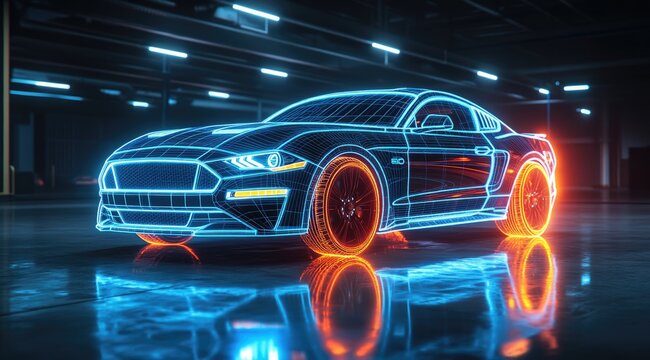 Futuristic car, glowing neon lines,  garage setting