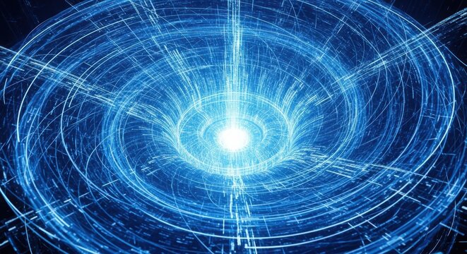 3d illustration of abstract visualization of a blue digital vortex or wormhole, representing data flow, technology, and the future of the internet