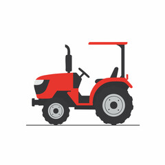 Obraz premium Vibrant Red Tractor with Black Tires and Protective Canopy, Side View.