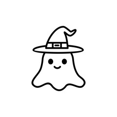 Cute Ghost with Witch Hat Icon. Halloween Cartoon Vector