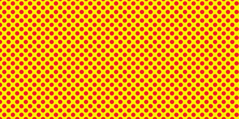 Seamless Red Polka Dot Pattern on Yellow Background, Retro Pop Art Comic Style Geometric Vector Texture, Decorative Wallpaper, Fabric Print, Wrapping Paper, Abstract Modern Design Illustration