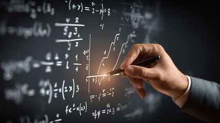 Hand pointing at a graph on a chalkboard covered in complex mathematical equations, representing problem-solving, education, and the pursuit of knowledge.