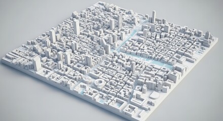 3d illustration of abstract 3d model of a city skyline, rendered in monochrome white, showcasing urban architecture and street layout