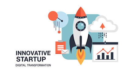 Obraz premium A compelling flat illustration depicting an innovative startup's journey, symbolizing digital transformation, rapid business growth, and strategic development.