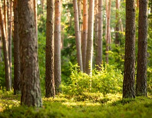 Sunlight filtering through a pine forest