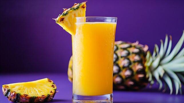 Fresh pineapple juice in the glass with slice on purple background - Powered by Adobe