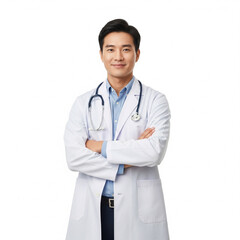 Fototapeta premium confident east asian male doctor isolated on white background representing healthcare and medical professionalism concept