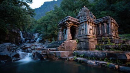 Ancient stone Shiva temple by a cascading waterfall, twilight ambiance, long-exposure photography style