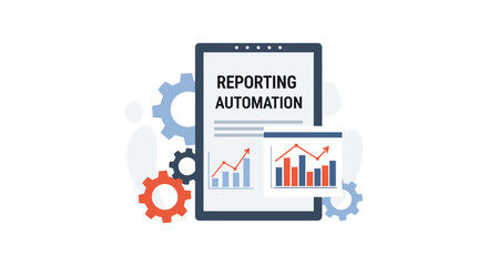 Modern digital tablet displaying automated business reporting and data analysis, with gears symbolizing efficient technological processes and data management.