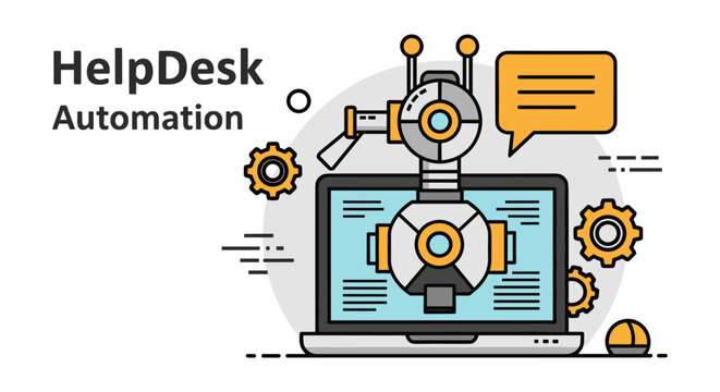 This illustration visualizes helpdesk automation through an AI robot arm emerging from a laptop, signifying efficient, modern technological support solutions.
