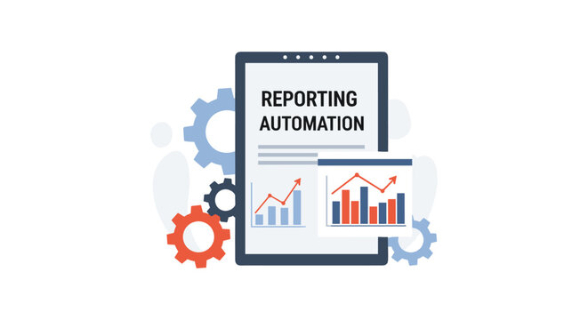 Modern digital tablet displaying automated business reporting and data analysis, with gears symbolizing efficient technological processes and data management.