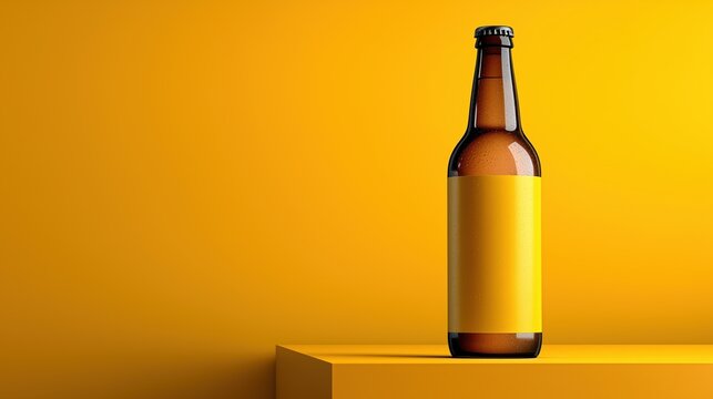 A brown glass beer bottle with a blank label sits on a yellow surface against a matching yellow background. The scene is minimalistic and vibrant. - Powered by Adobe