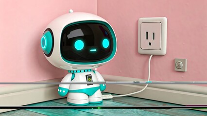 Adorable Cute Robot Plugged into Power Socket for Charging Representing Futuristic Technology
