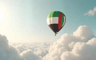 Independence day design creative concept for United Arab Emirates UAE, Kuwait, Palestine, Jordan, Sudan. Flying balloon red, white, green, black color cloud background studio lighting. 3D rendering.