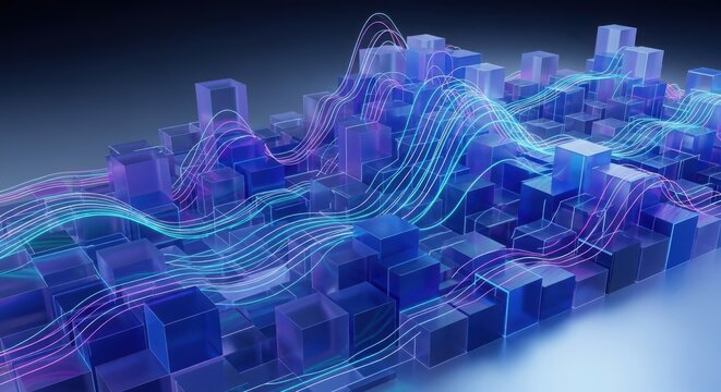 3d illustration of abstract digital visualization of data flow and network connections, with glowing blue and purple particles and streams