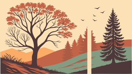 Obraz premium Stylized illustration of a serene autumn landscape featuring a large deciduous tree with sparse orange foliage, rolling hills, and a tall evergreen tree unde...
