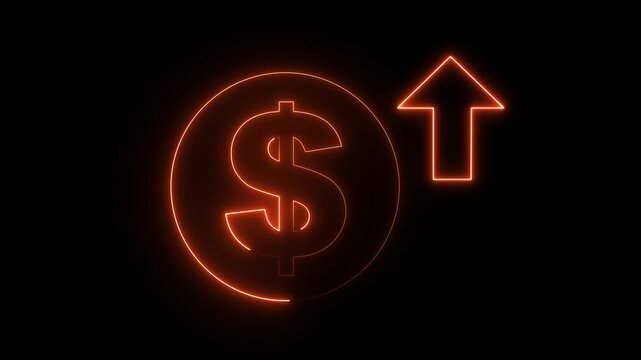 glowing neon Money increase icon, dollar rate increase stretching arrow up icon. Money symbol with stretching arrow up. Rising prices. Money, profit, investment, growth business. 4k motion video.