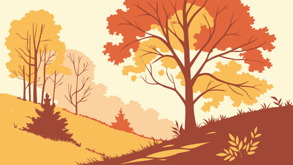 Vibrant autumn landscape illustration showcasing trees with warm-toned foliage on gentle slopes under a soft sky.