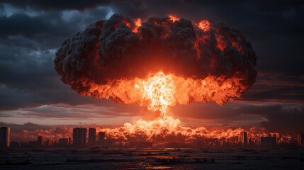 A massive fiery explosion forms a towering mushroom cloud above a city skyline, illuminating dark stormy skies with intense orange and red light.
